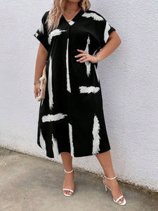 V-neck Fold-up Sleeve Splash Pattern Plus Size Dress