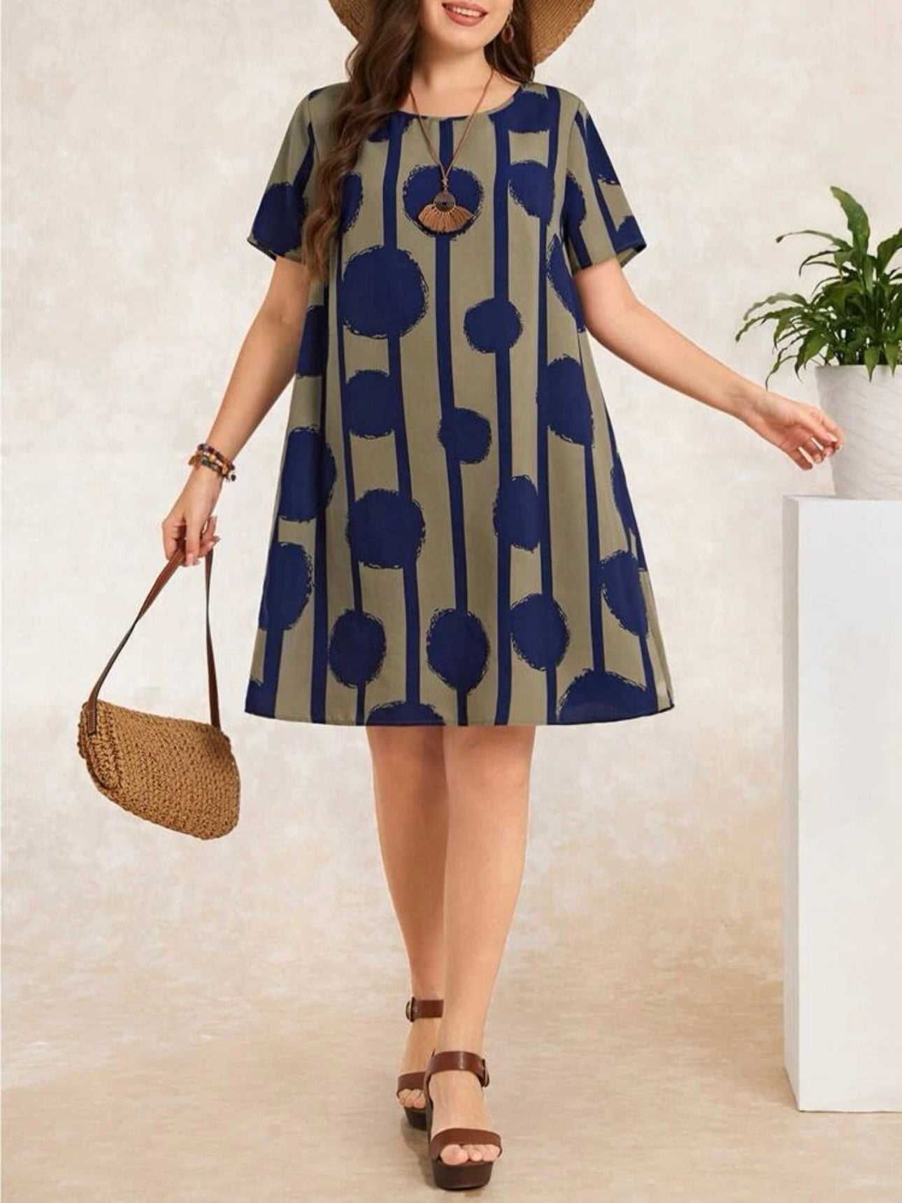2 Side Pocket Splash Polka Dot Stripe Plus Size Dress