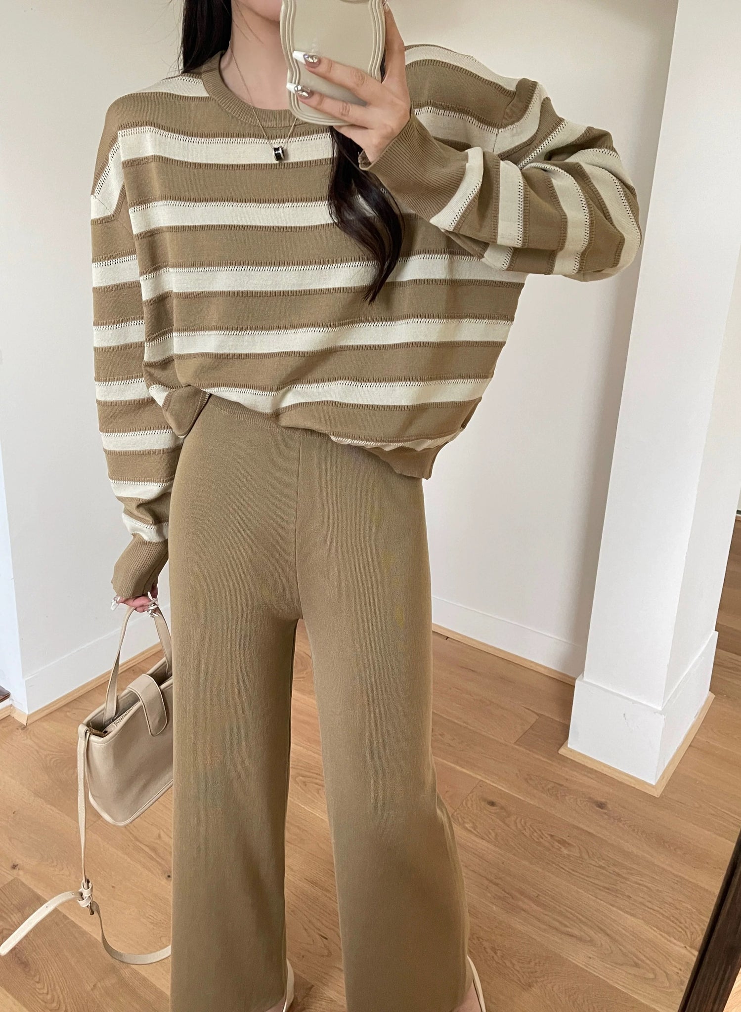 Stripe Long Sleeve Top & Wide Leg Garter Pants Oversize Knitted Terno Set Coords