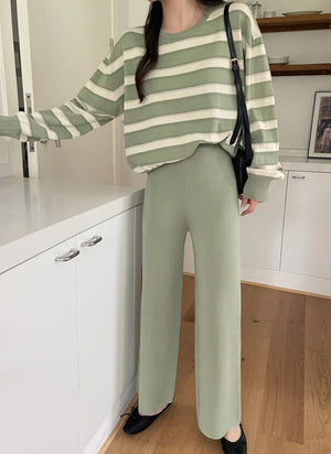 Stripe Long Sleeve Top & Wide Leg Garter Pants Oversize Knitted Terno Set Coords