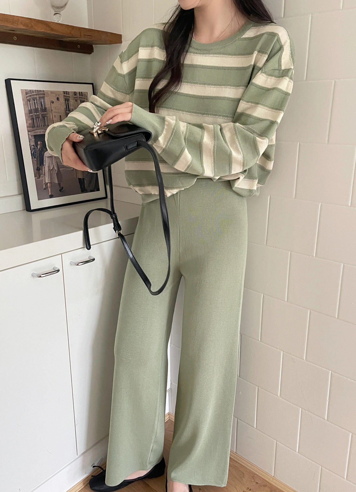 Stripe Long Sleeve Top & Wide Leg Garter Pants Oversize Knitted Terno Set Coords