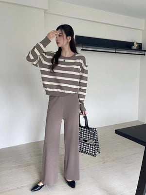 Stripe Long Sleeve Top & Wide Leg Garter Pants Oversize Knitted Terno Set Coords