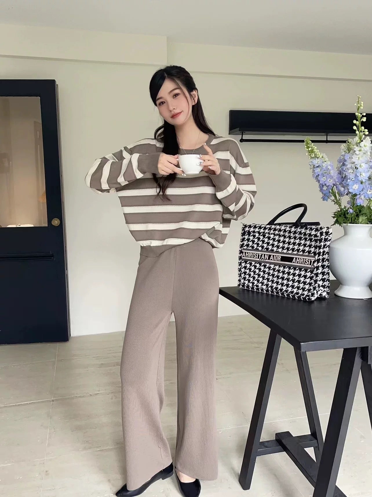 Stripe Long Sleeve Top & Wide Leg Garter Pants Oversize Knitted Terno Set Coords