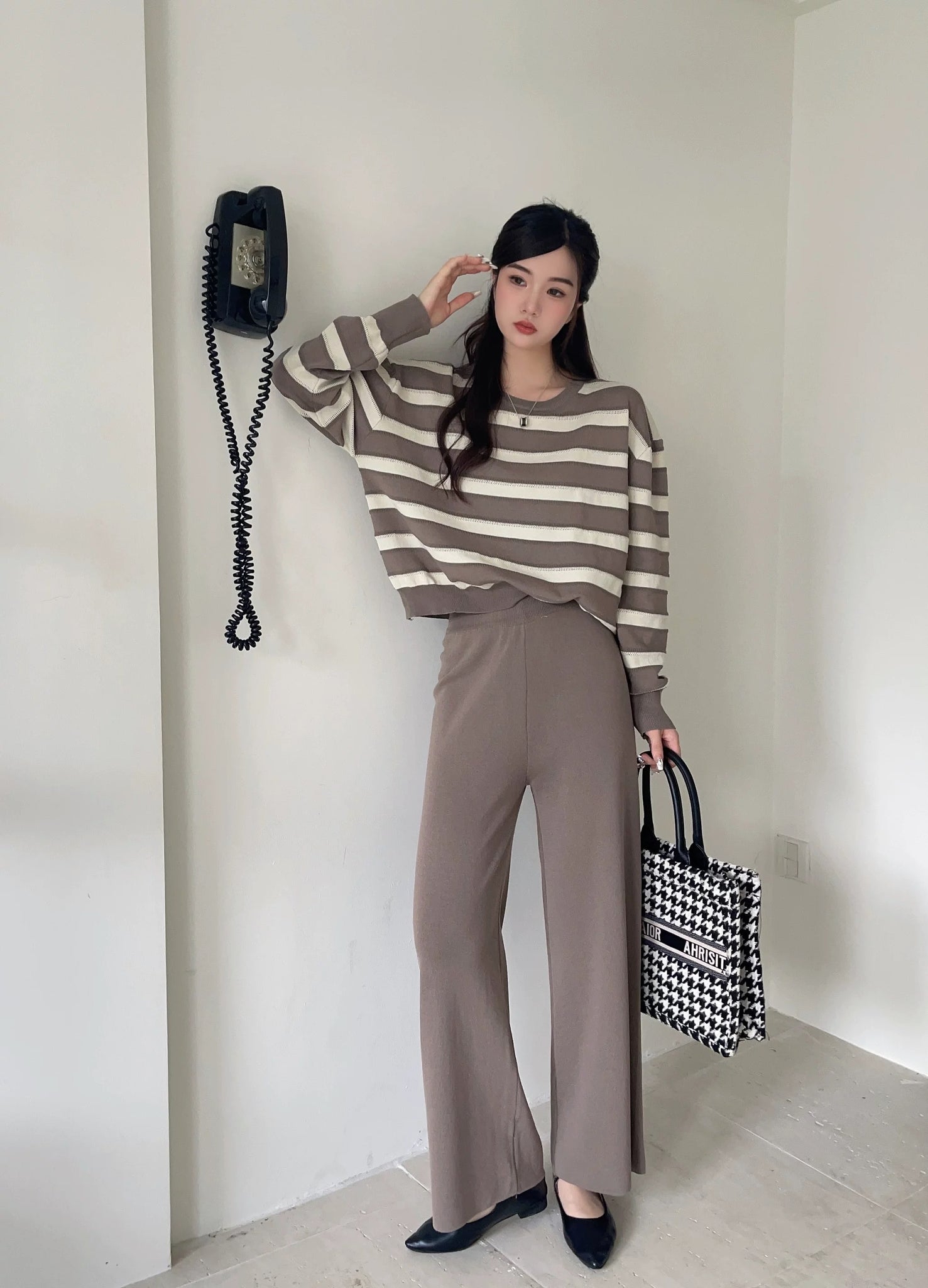 Stripe Long Sleeve Top & Wide Leg Garter Pants Oversize Knitted Terno Set Coords