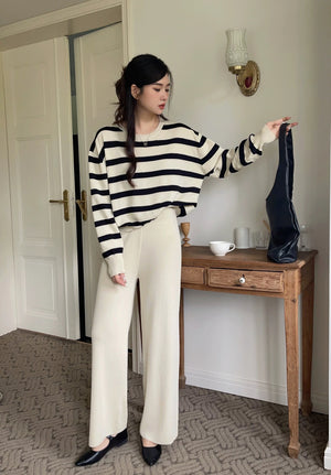 Stripe Long Sleeve Top & Wide Leg Garter Pants Oversize Knitted Terno Set Coords