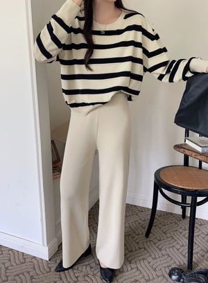 Stripe Long Sleeve Top & Wide Leg Garter Pants Oversize Knitted Terno Set Coords