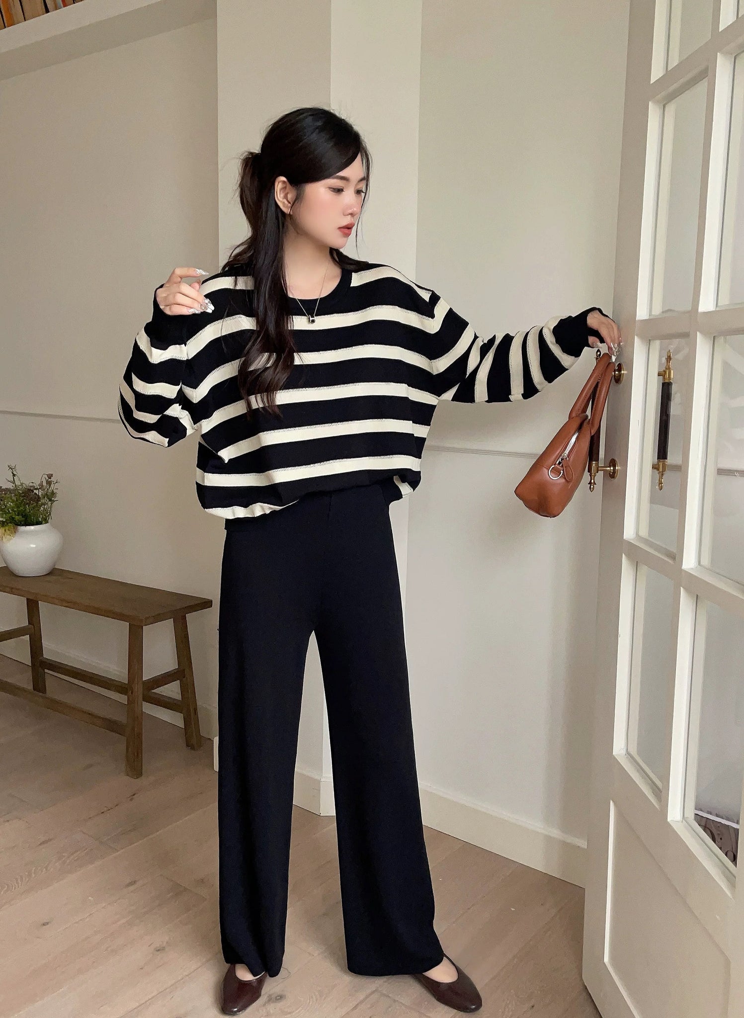 Stripe Long Sleeve Top & Wide Leg Garter Pants Oversize Knitted Terno Set Coords