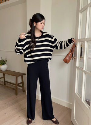 Stripe Long Sleeve Top & Wide Leg Garter Pants Oversize Knitted Terno Set Coords