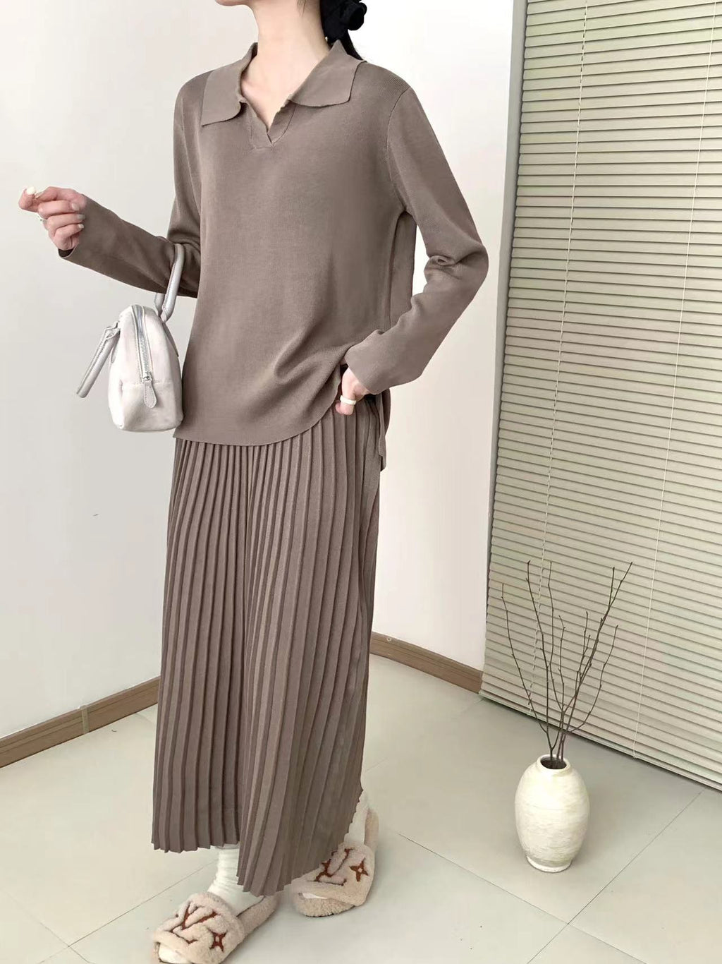 Collar Neck Long Sleeve Low High Hem Top & Pleated Skirt Oversize Knitted Terno Set Coords