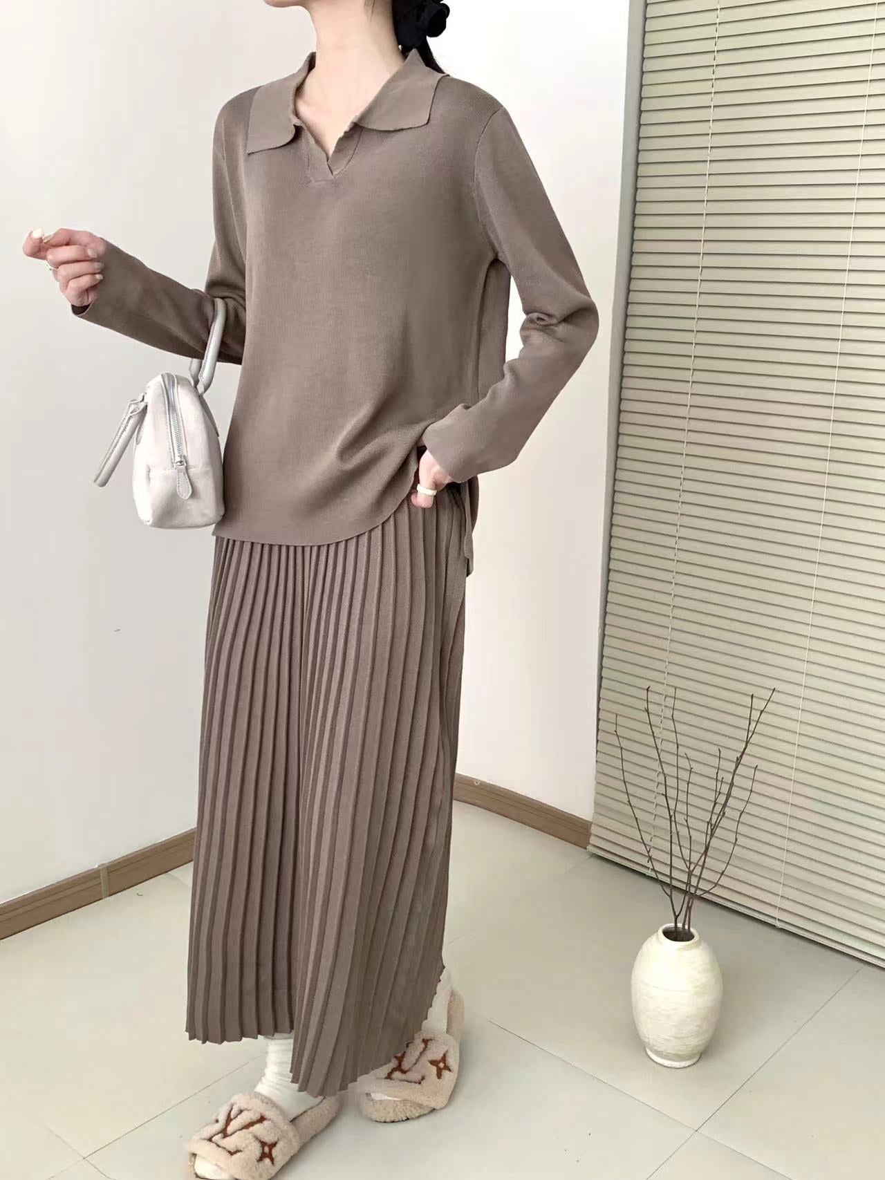 Collar Neck Long Sleeve Low High Hem Top & Pleated Skirt Oversize Knitted Terno Set Coords