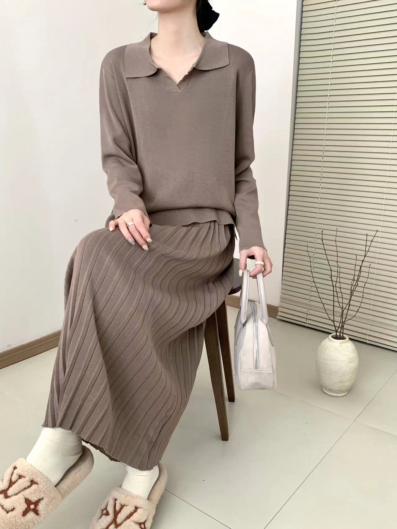 Collar Neck Long Sleeve Low High Hem Top & Pleated Skirt Oversize Knitted Terno Set Coords