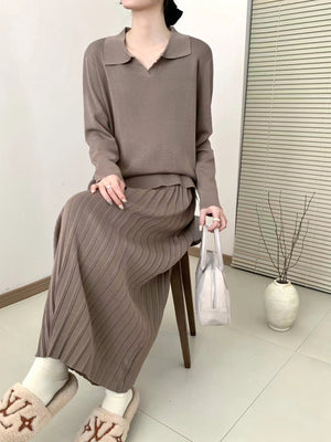 Collar Neck Long Sleeve Low High Hem Top & Pleated Skirt Oversize Knitted Terno Set Coords