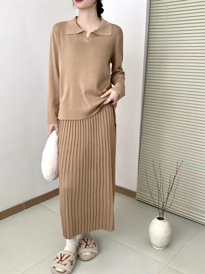 Collar Neck Long Sleeve Low High Hem Top & Pleated Skirt Oversize Knitted Terno Set Coords