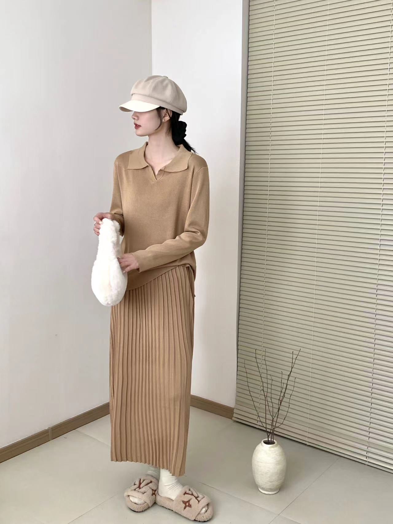 Collar Neck Long Sleeve Low High Hem Top & Pleated Skirt Oversize Knitted Terno Set Coords