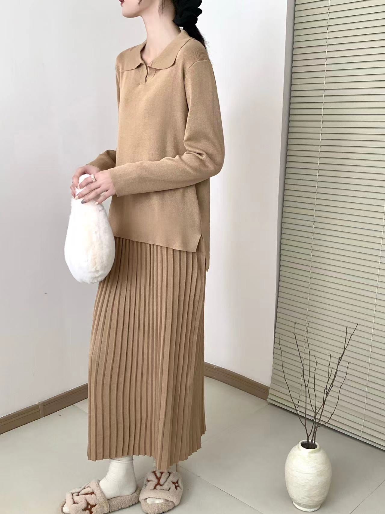 Collar Neck Long Sleeve Low High Hem Top & Pleated Skirt Oversize Knitted Terno Set Coords