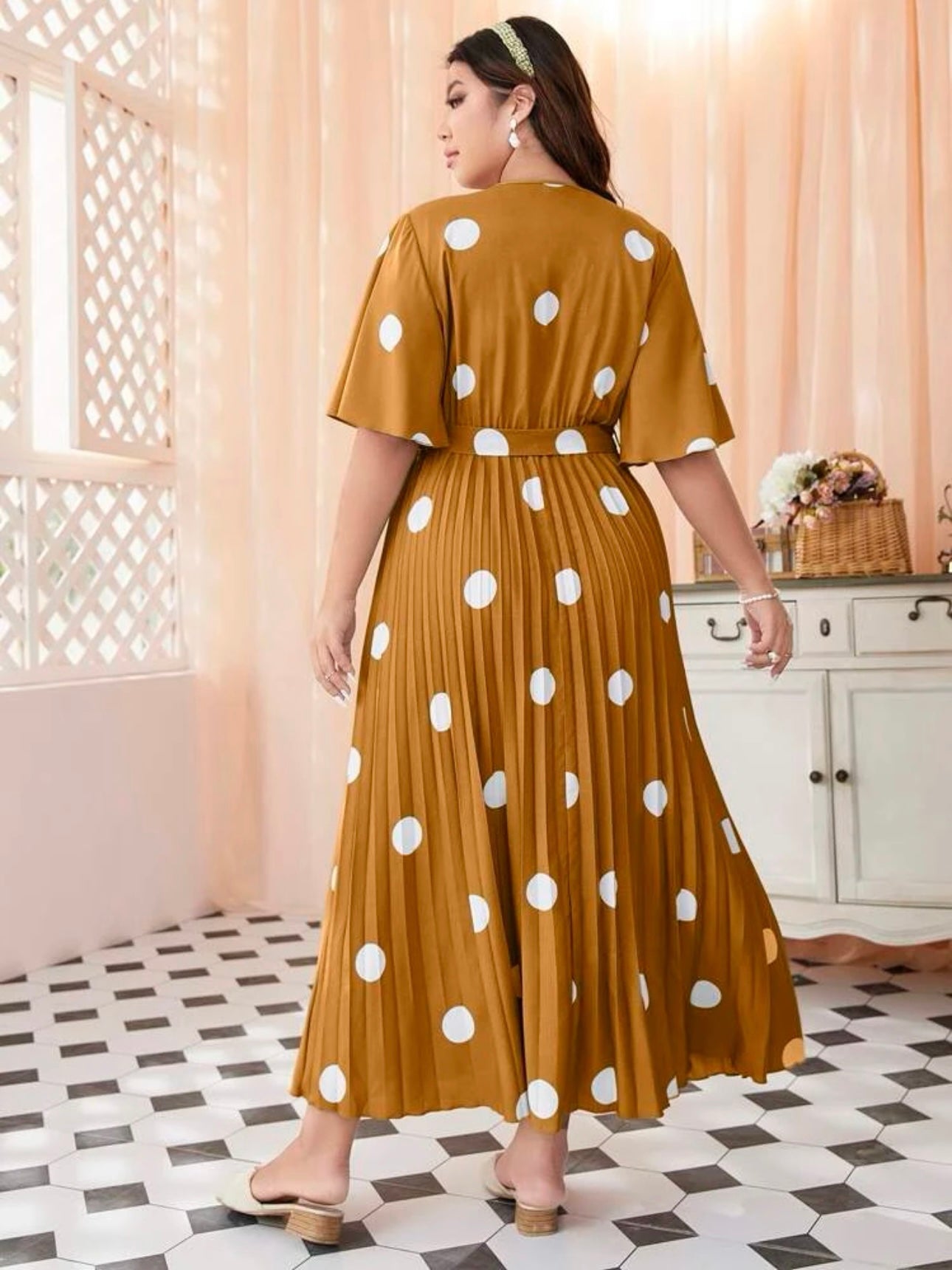 Polka Dot Trumpet Sleeve Back Garter Self Belt Pleated Plus Size Dress