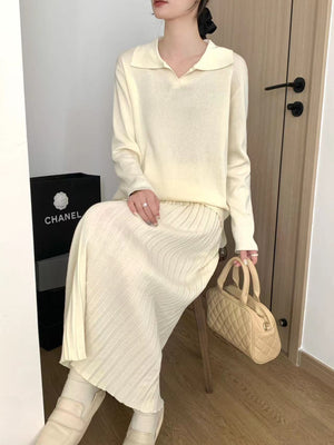 Collar Neck Long Sleeve Low High Hem Top & Pleated Skirt Oversize Knitted Terno Set Coords