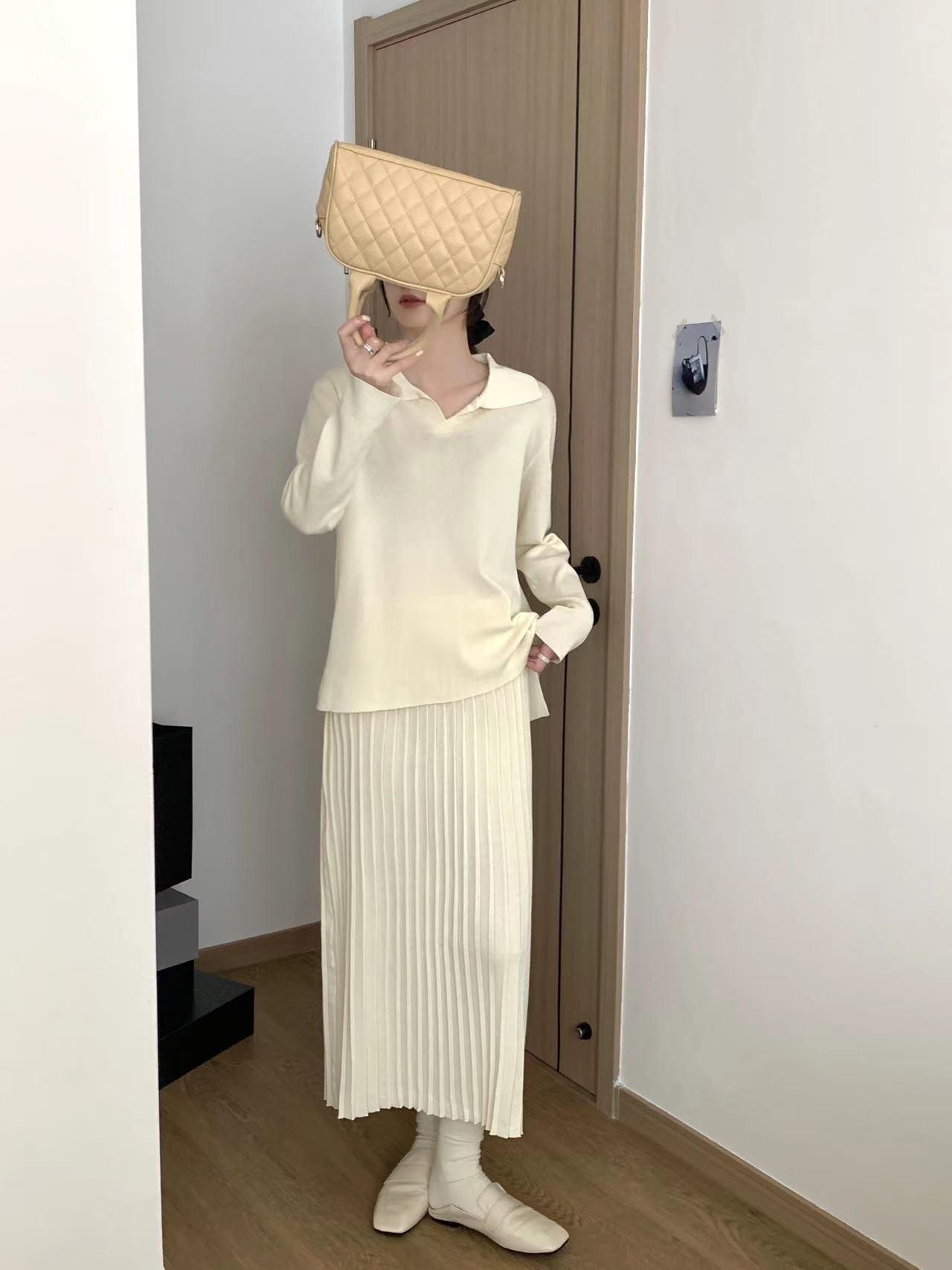 Collar Neck Long Sleeve Low High Hem Top & Pleated Skirt Oversize Knitted Terno Set Coords