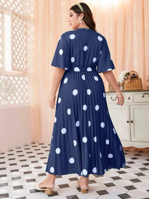 Polka Dot Trumpet Sleeve Back Garter Self Belt Pleated Plus Size Dress