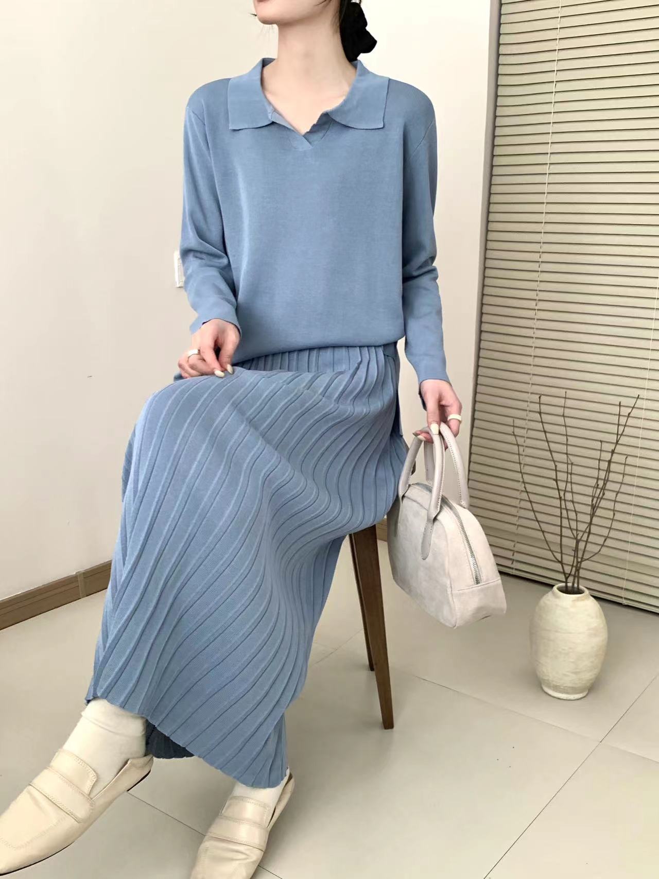 Collar Neck Long Sleeve Low High Hem Top & Pleated Skirt Oversize Knitted Terno Set Coords