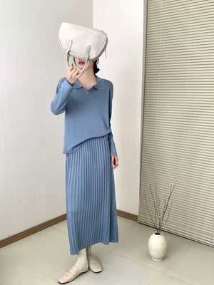 Collar Neck Long Sleeve Low High Hem Top & Pleated Skirt Oversize Knitted Terno Set Coords