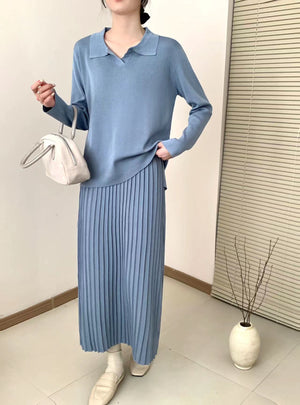 Collar Neck Long Sleeve Low High Hem Top & Pleated Skirt Oversize Knitted Terno Set Coords