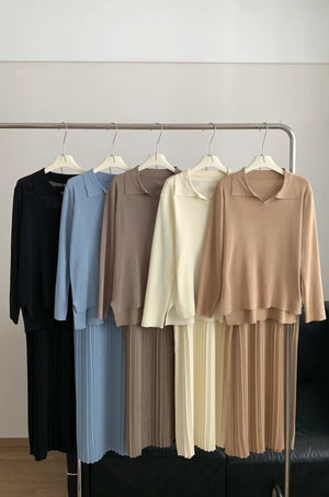 Collar Neck Long Sleeve Low High Hem Top & Pleated Skirt Oversize Knitted Terno Set Coords