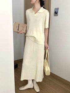 Collar Neck Short Sleeve Low High Hem Top & Pleated Skirt Oversize Knitted Terno Set Coords