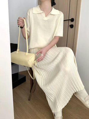 Collar Neck Short Sleeve Low High Hem Top & Pleated Skirt Oversize Knitted Terno Set Coords