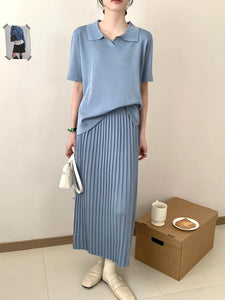 Collar Neck Short Sleeve Low High Hem Top & Pleated Skirt Oversize Knitted Terno Set Coords