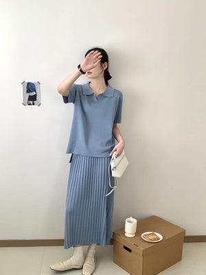 Collar Neck Short Sleeve Low High Hem Top & Pleated Skirt Oversize Knitted Terno Set Coords