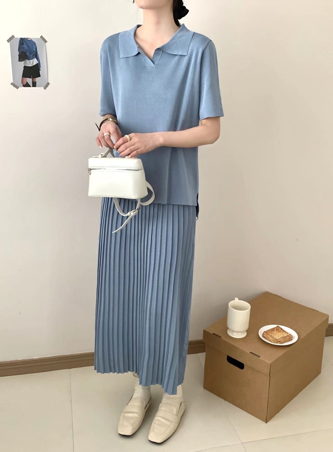 Collar Neck Short Sleeve Low High Hem Top & Pleated Skirt Oversize Knitted Terno Set Coords