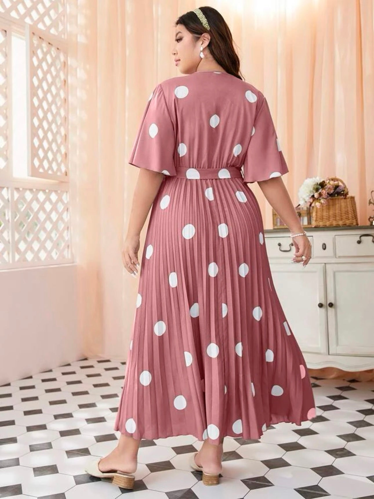 Polka Dot Trumpet Sleeve Back Garter Self Belt Pleated Plus Size Dress