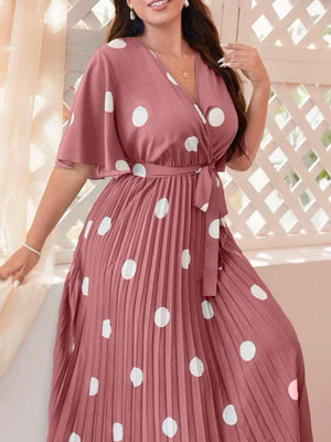 Polka Dot Trumpet Sleeve Back Garter Self Belt Pleated Plus Size Dress