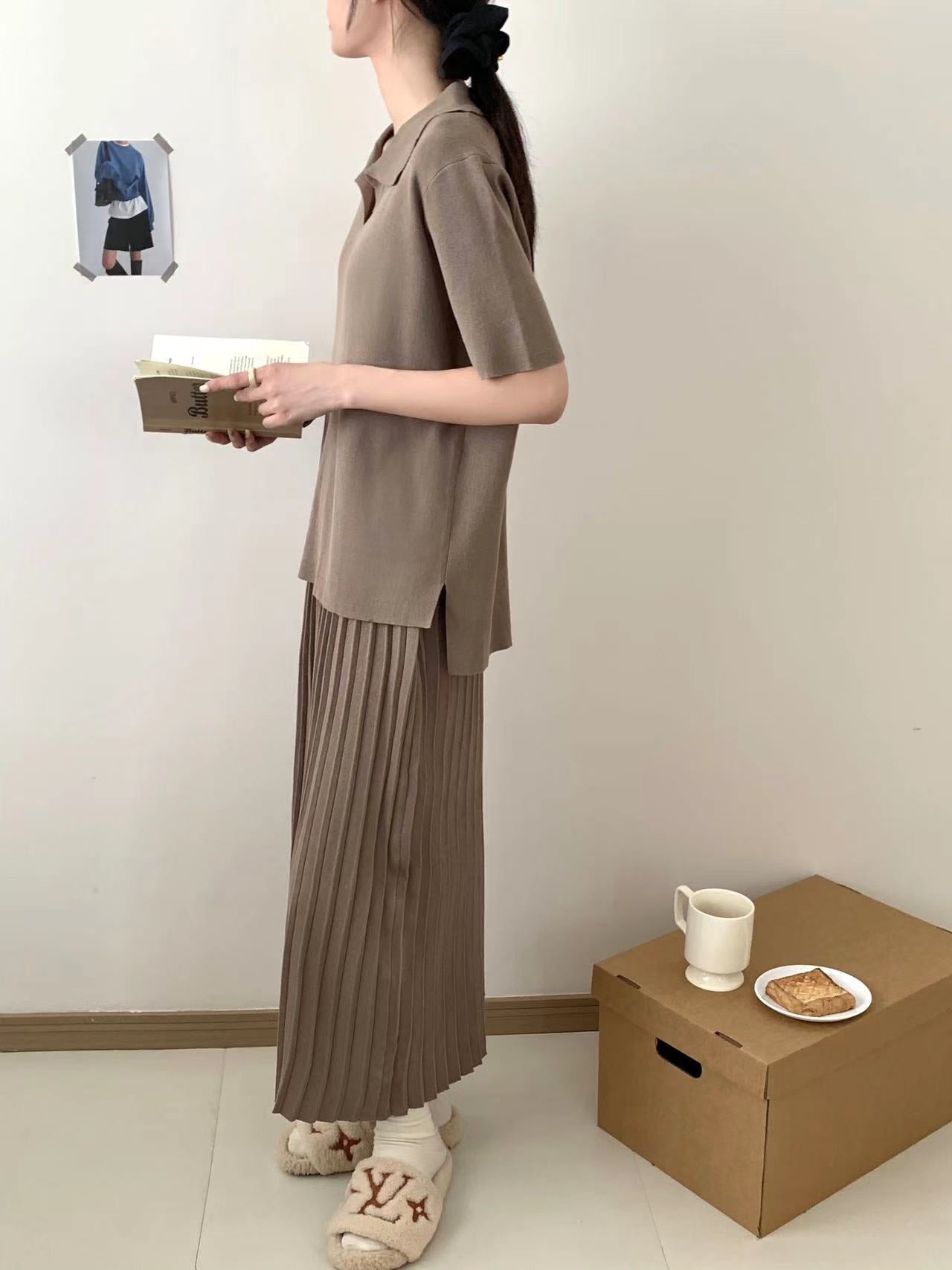 Collar Neck Short Sleeve Low High Hem Top & Pleated Skirt Oversize Knitted Terno Set Coords