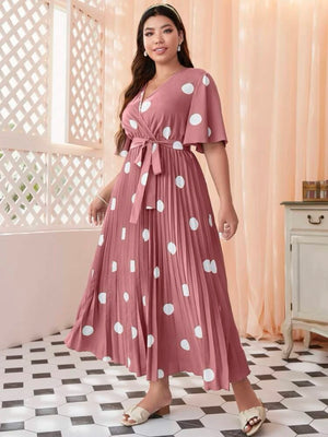 Polka Dot Trumpet Sleeve Back Garter Self Belt Pleated Plus Size Dress