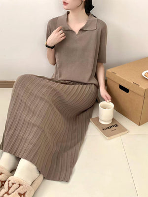 Collar Neck Short Sleeve Low High Hem Top & Pleated Skirt Oversize Knitted Terno Set Coords