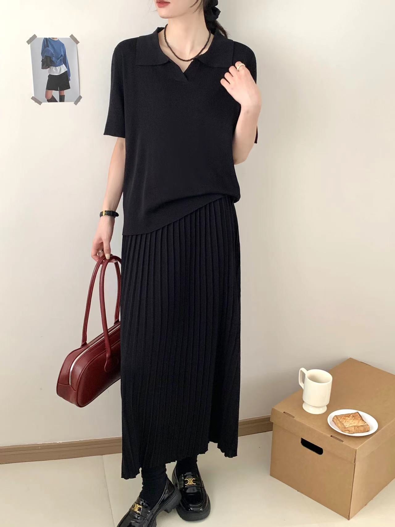 Collar Neck Short Sleeve Low High Hem Top & Pleated Skirt Oversize Knitted Terno Set Coords