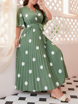 Polka Dot Trumpet Sleeve Back Garter Self Belt Pleated Plus Size Dress