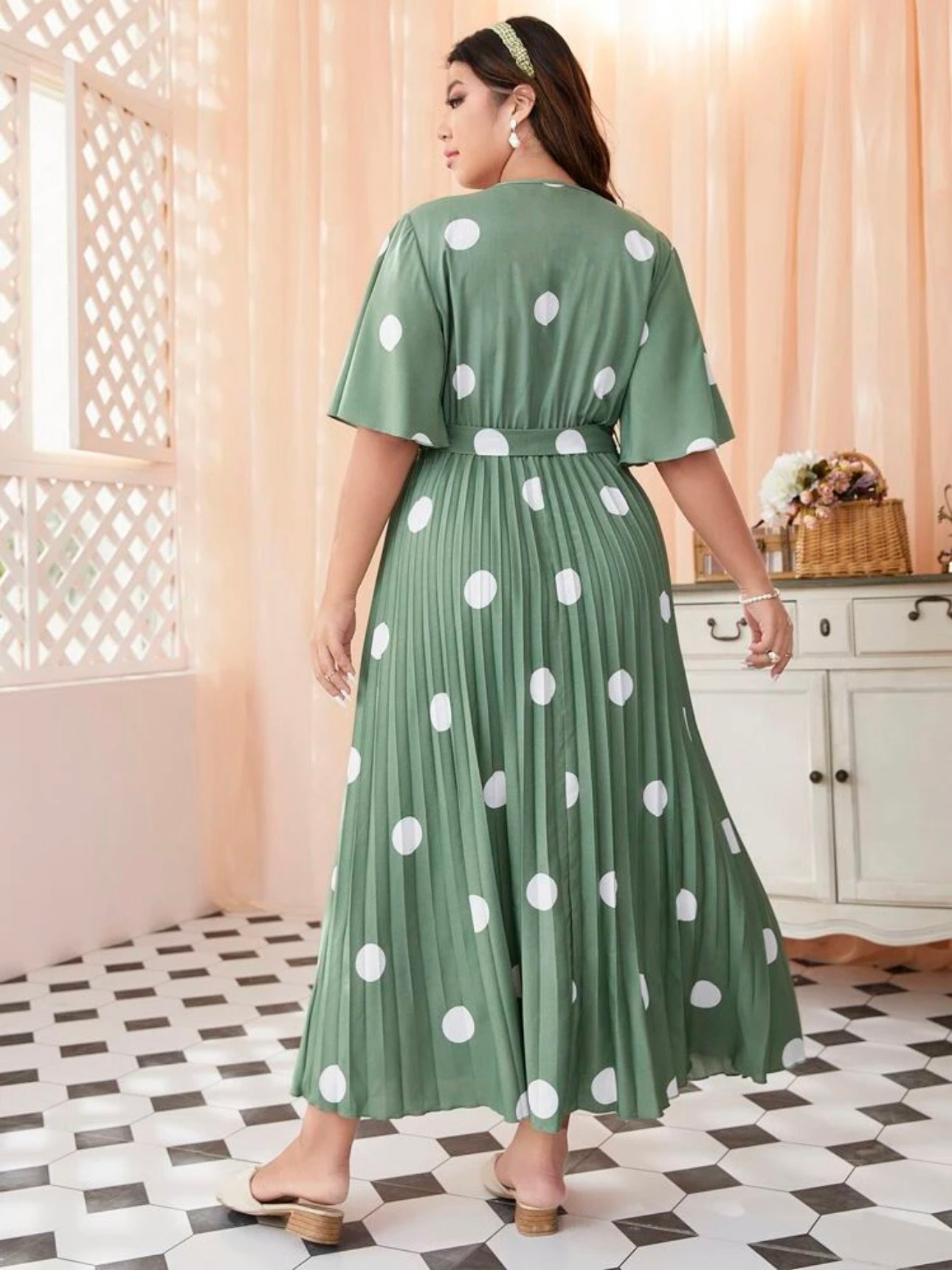 Polka Dot Trumpet Sleeve Back Garter Self Belt Pleated Plus Size Dress