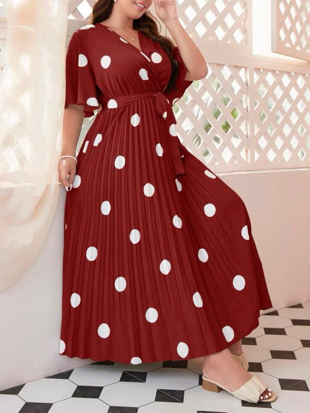 Polka Dot Trumpet Sleeve Back Garter Self Belt Pleated Plus Size Dress