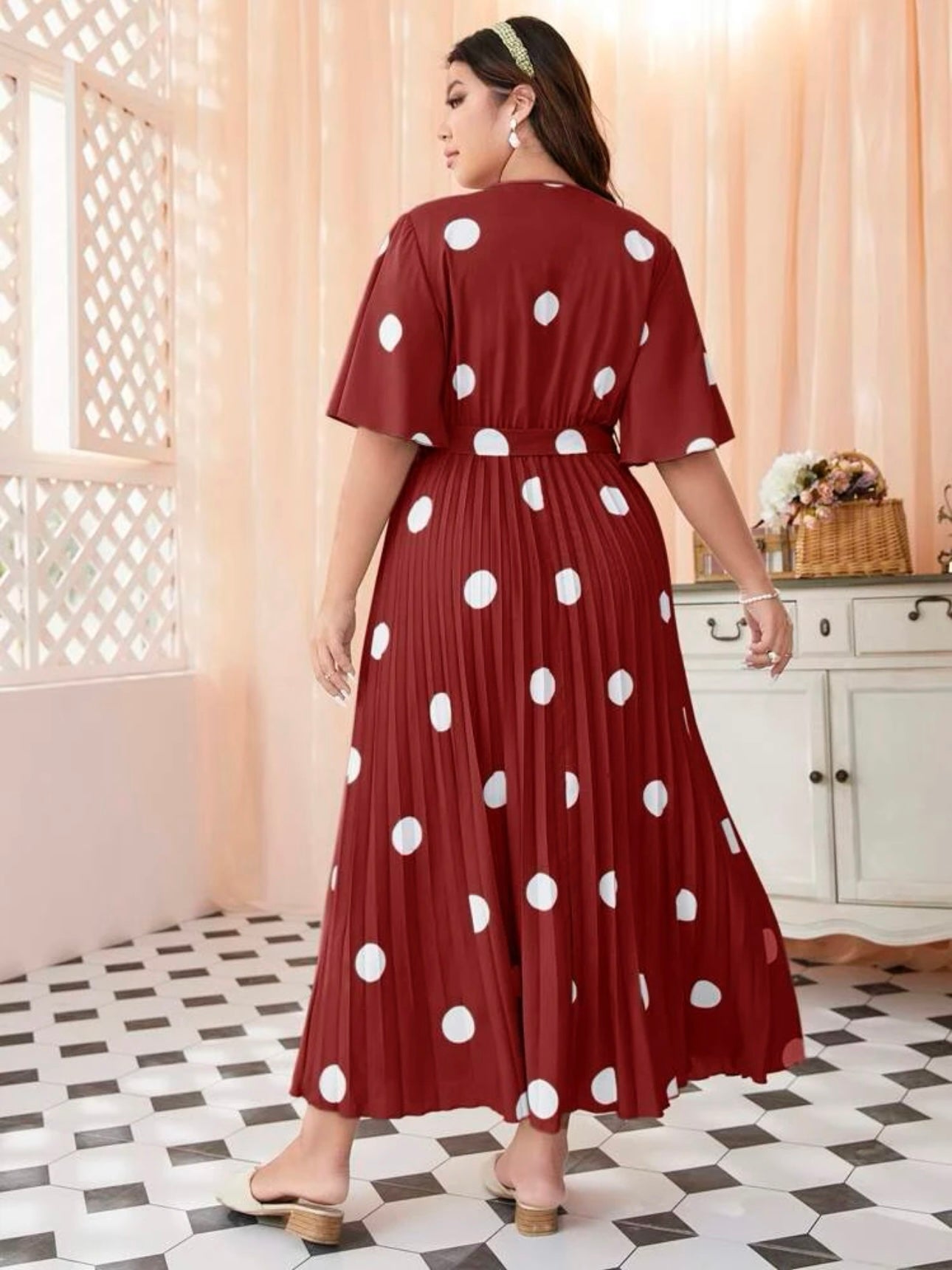 Polka Dot Trumpet Sleeve Back Garter Self Belt Pleated Plus Size Dress