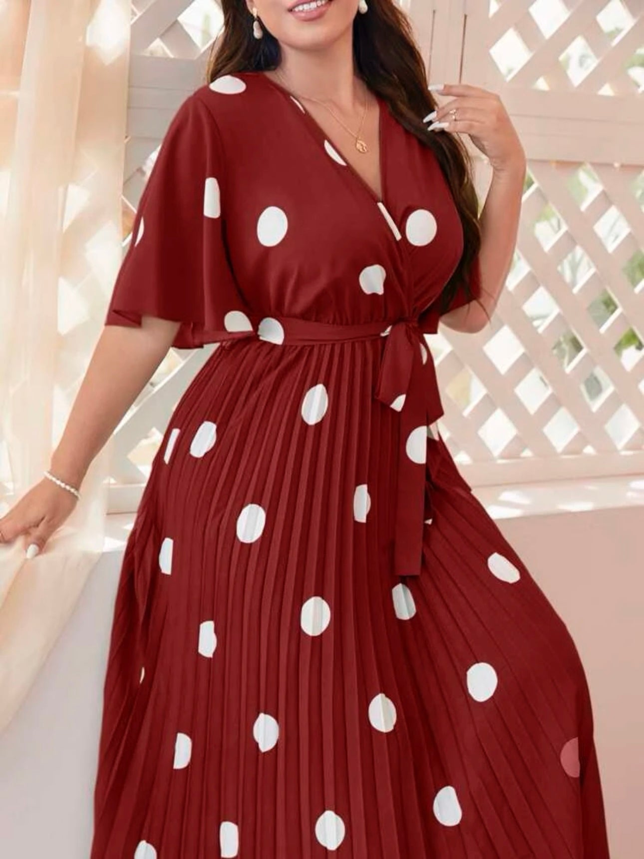 Polka Dot Trumpet Sleeve Back Garter Self Belt Pleated Plus Size Dress