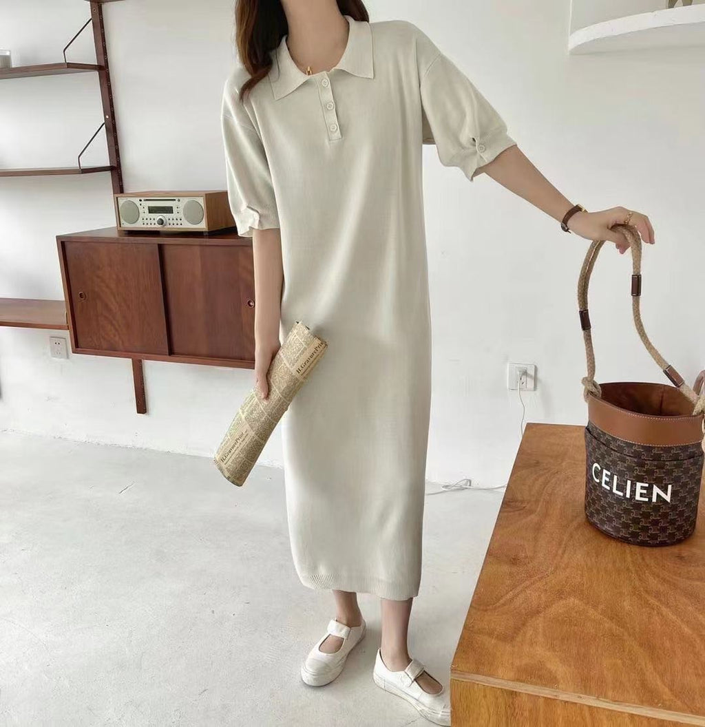 Button Down Collar Neck & Button-up Sleeve Oversize Knitted Dress