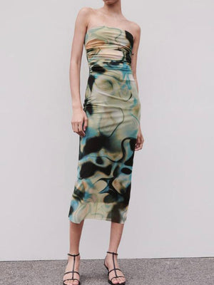 Side Pleated Multi Print Tube Dress