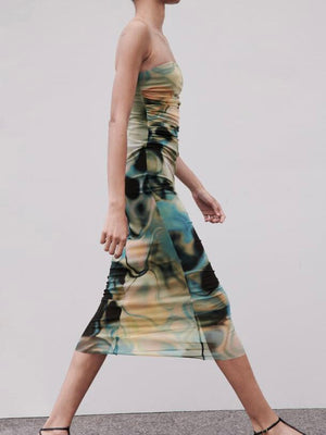 Side Pleated Multi Print Tube Dress