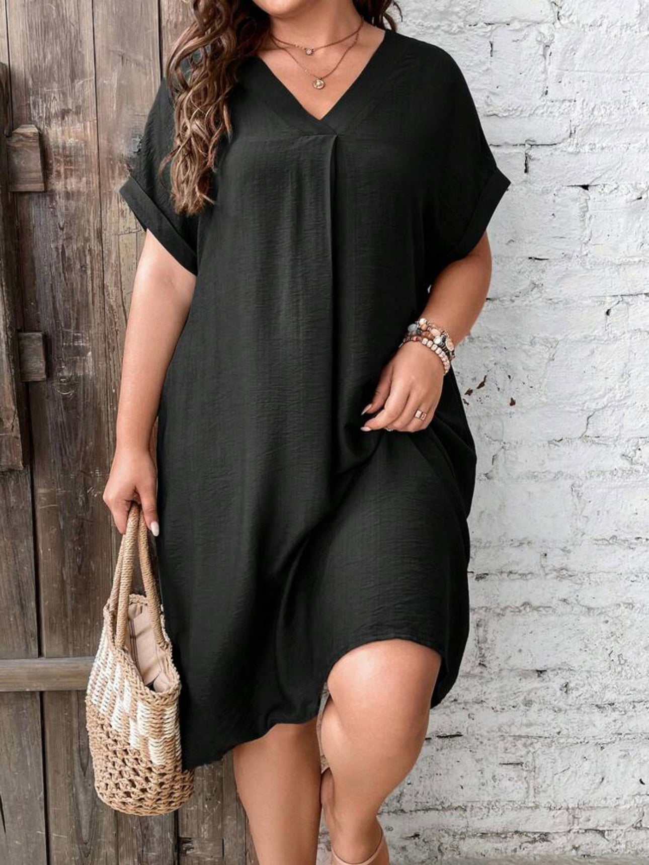 V-neck Fold-up Batwing Sleeve Side Pocket Plus Size Dress