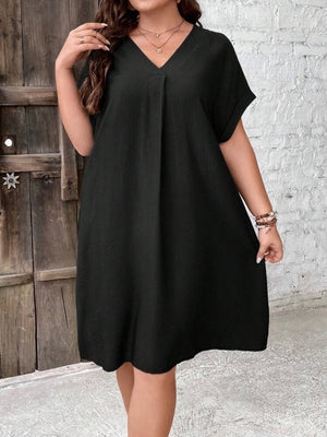 V-neck Fold-up Batwing Sleeve Side Pocket Plus Size Dress