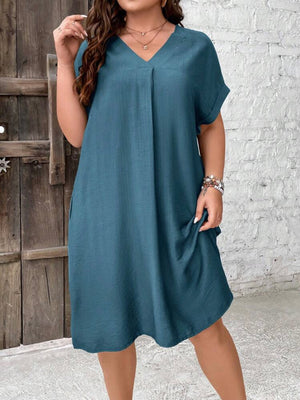 V-neck Fold-up Batwing Sleeve Side Pocket Plus Size Dress