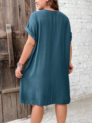 V-neck Fold-up Batwing Sleeve Side Pocket Plus Size Dress